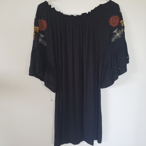 Boho Embroidered Top Tunic Brazil Flutter Sleeve Black M festival peasant flowy - Picture 6 of 7